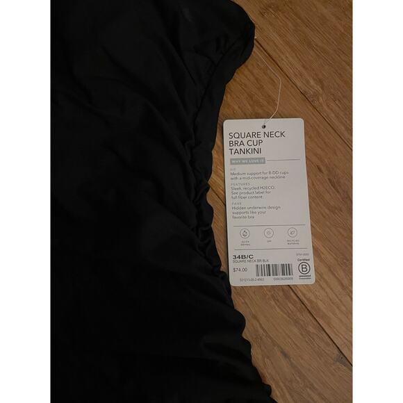 NWT ATHLETA Square Neck Bra Cup 34 B/C‎ Tall Tankini Top Black Ruching $74! - Picture 4 of 5